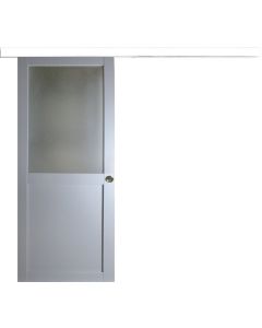 Porte Coulissante Athena RAL7035 Vitrée H204 x L73 + Rail Alu Bandeau blanc et 2 Coquilles