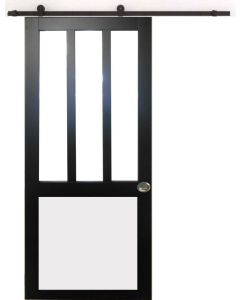 Porte Coulissante  Atelier noir et panneau blanc  Vitree H204 x L73 + Rail a roulettes Noir et 2 Coquilles