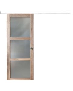 Porte Coulissante bois Frake Vitrée H204 x L73 + rail alu bandeau blanc et 2 coquilles