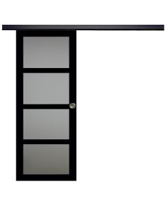 Porte Coulissante Telia Noir Vitrée H204 x L83 + Rail Alu bandeau noir et 2 Coquilles