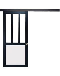 Porte Coulissante Atelier noir et panneau blanc Vitree H204 x L73 + Rail Alu Bandeau Noir et 2 Coquilles