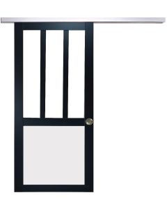 Porte Coulissante Atelier noir et panneau blanc  Vitree H204 x L83 + Rail Alu et 2 Coquilles