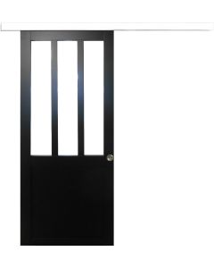 Porte Coulissante Atelier Noir H204 x L93 + Rail Alu bandeau blanc et 2 Coquilles