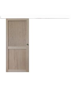 Porte Coulissante Atelier 2 Panneaux chene H204 x L73 + Rail Alu bandeau blanc et 2 Coquilles