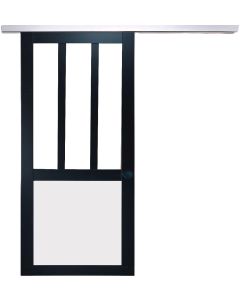 Porte Coulissante Atelier noir et panneau blanc Vitree H204 x L83 + Rail Alu et 2 Coquilles Noir