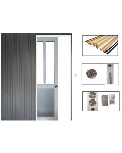 Porte Coulissante Atelier blanc et panneau Gris RAL7035 Vitree H204 x L73 + Systeme de galandage et kit de finition inclus