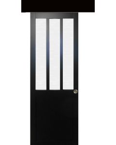 Porte Coulissant Atelier Noir vitre depoli H204 x L73 + Rail alu Bandeau Noir et 2 Coquilles