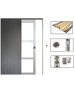 Porte Coulissante Greyria Gris Clair RAL7035 Vitrage transparent H204 x L83 + SYSTEME de galandage et kit de finition inclus