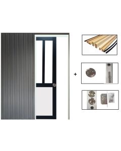 Porte Coulissante Atelier noir et panneau blanc  Vitree H204 x L83 + Systeme de galandage et kit de finition inclus