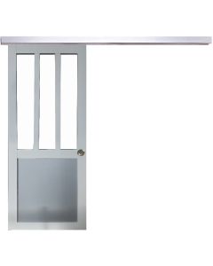 Porte Coulissante Atelier blanc et panneau Gris RAL7035 Vitree H204 x L73 + Rail Alu et 2 Coquilles