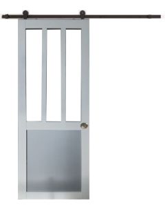 Porte Coulissante  Atelier blanc et panneau Gris RAL7035 Vitree H204 x L83 + Rail a roulettes Noir et 2 Coquilles