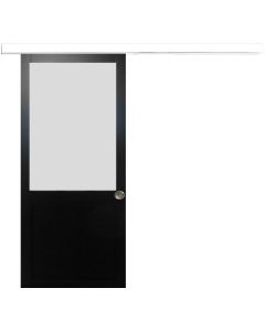 Porte Coulissante Athena Noir H204 x L73 + Rail Alu Bandeau blanc et 2 Coquilles
