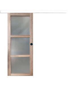 Porte Coulissante bois Frake Vitrée H204 x L73 + rail alu bandeau blanc et 2 coquilles Noir