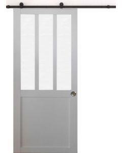 Porte Coulissante Atelier blanc vitre depoli H204 x L83 + Rail a roulettes et 2 Coquilles