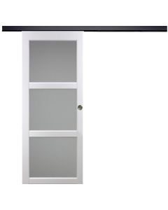 Porte Coulissante Kenya Blanc Vitrée H204 x L73 + Rail Alu bandeau noir et 2 Coquilles