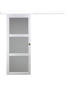 Porte Coulissante Kenya Blanc Vitrée H204 x L83 + Rail Alu Bandeau Blanc et 2 Coquilles
