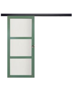 Porte Coulissante Vert Ral 6021 Vitrée H204 x L83 + Rail Alu Bandeau Noir et 2 coquilles