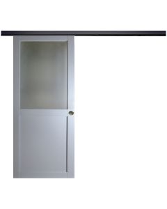 Porte Coulissante Athena RAL7035 Vitrée H204 x L73 + Rail Alu Bandeau Noir et 2 Coquilles