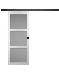 Porte Coulissante Kenya Blanc Vitrée H204 x L73 + Rail Alu bandeau noir et 2 Coquilles Noir