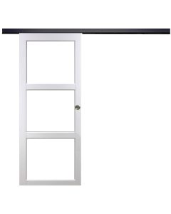 Porte Coulissante Kenya Blanc Vitrage transparent H204 x L73 + Rail Alu bandeau noir et 2 Coquilles