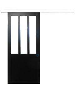 Porte Coulissante Atelier Noir H204 x L93 + Rail Alu bandeau blanc et 2 Coquilles Noir