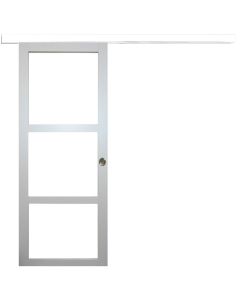 Porte Coulissante Greyria Gris Clair RAL7035  Vitrage transparent H204 x L73 + Rail Alu Bandeau Blanc et 2 Coquilles