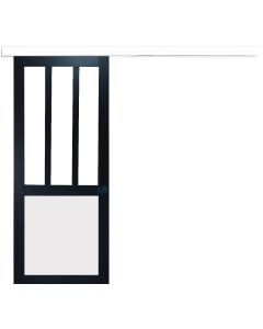 Porte Coulissante Atelier noir et panneau blanc Vitree H204 x L83 + Rail Alu Bandeau blanc et 2 Coquilles Noir