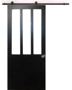 Porte Coulissante Atelier Noir H204 x L93 + Rail à roulettes et 2 Coquilles